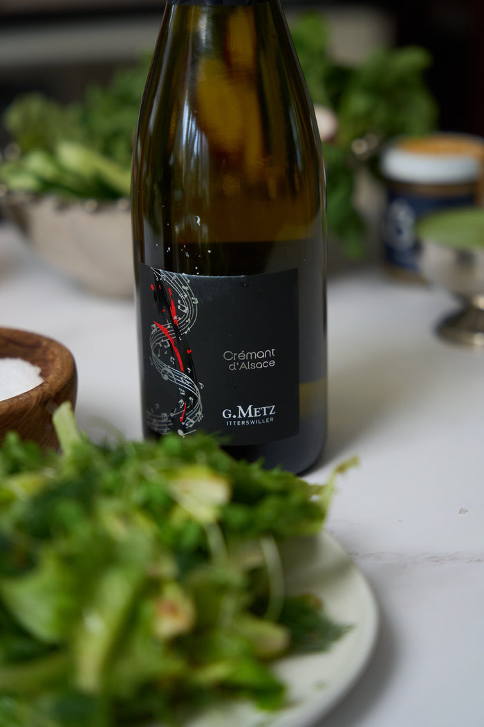 A garden salad and crudité with a green goddess dip