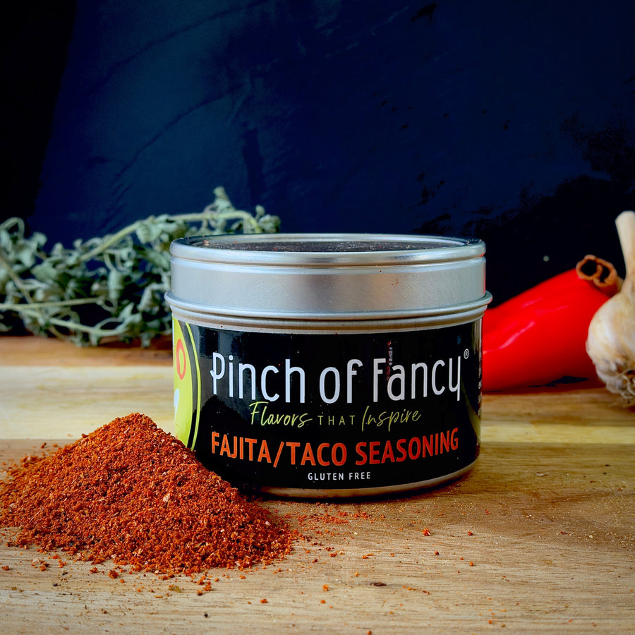 Pinch of Fancy Fajita and Taco Seasoning in a 2 oz tin